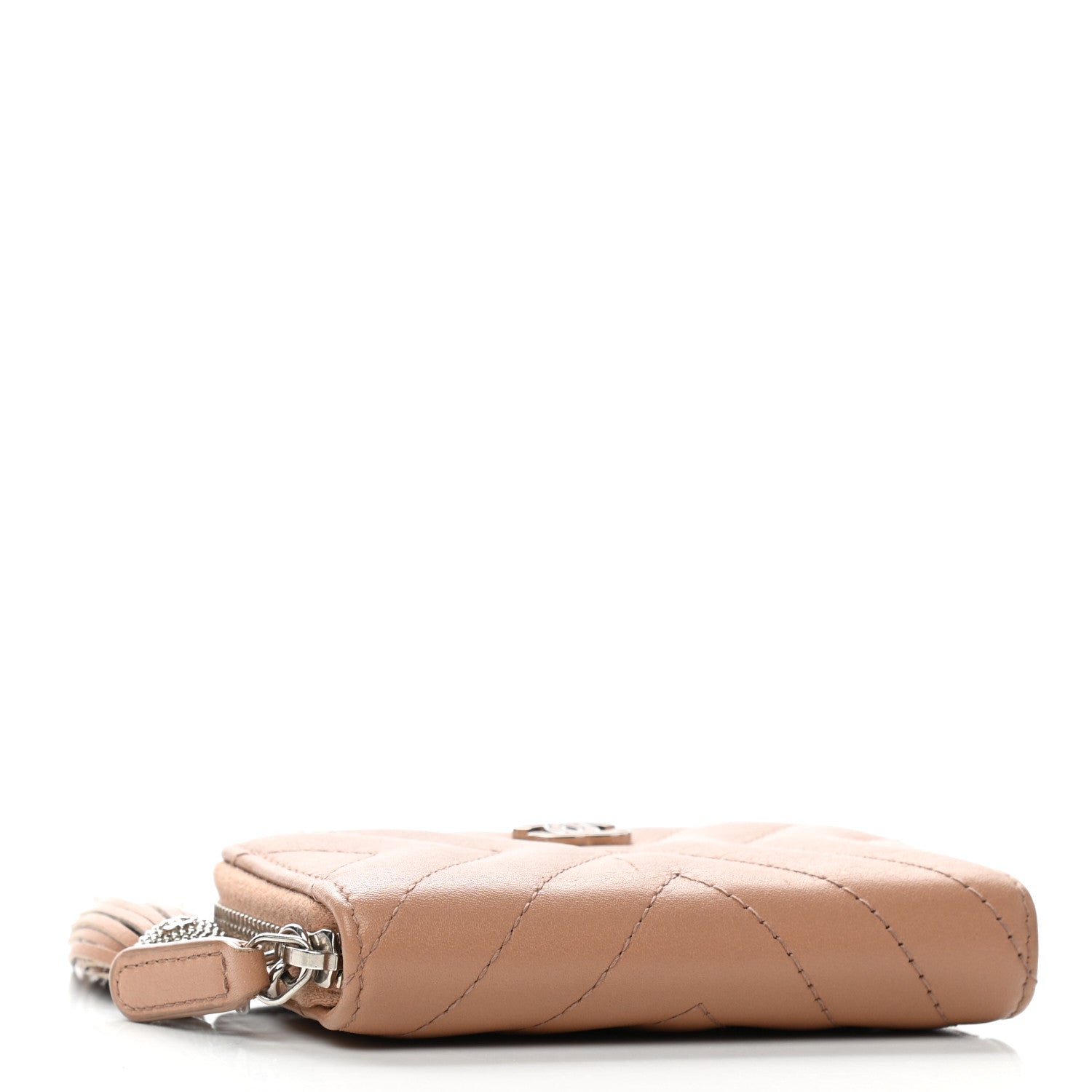 Chanel Calfskin Chevron Quilted Tassel Zip Around Coin Purse Beige 4 of 9