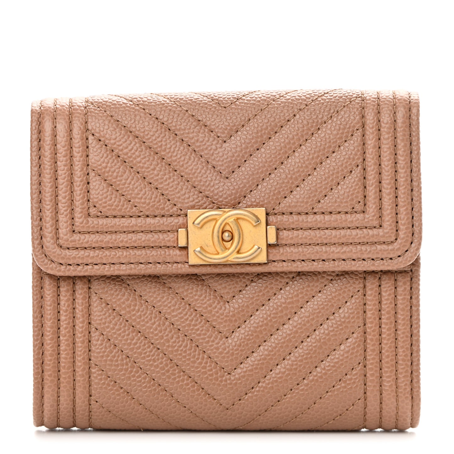Caviar Chevron Quilted Boy Compact Wallet Light Brown