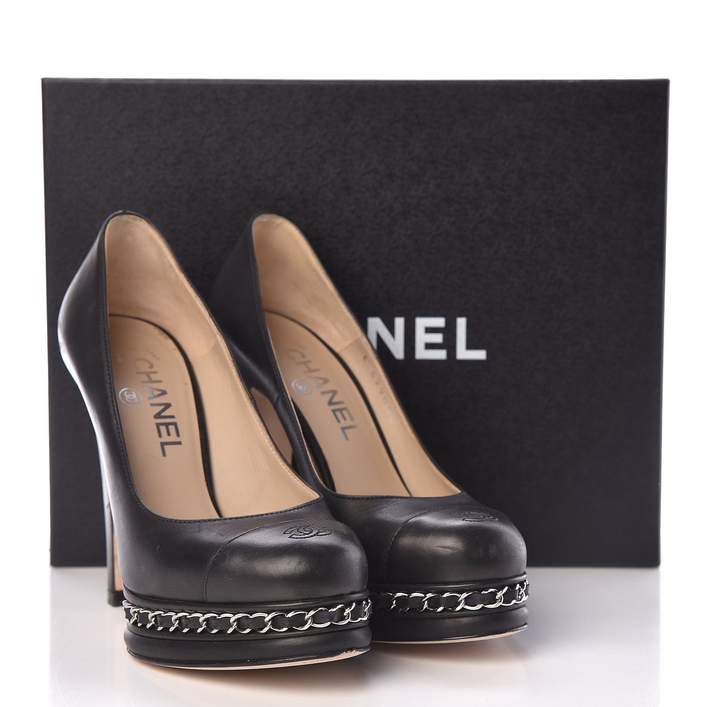 Lambskin CC Cap Toe Platform Chain Pumps 35.5 Black