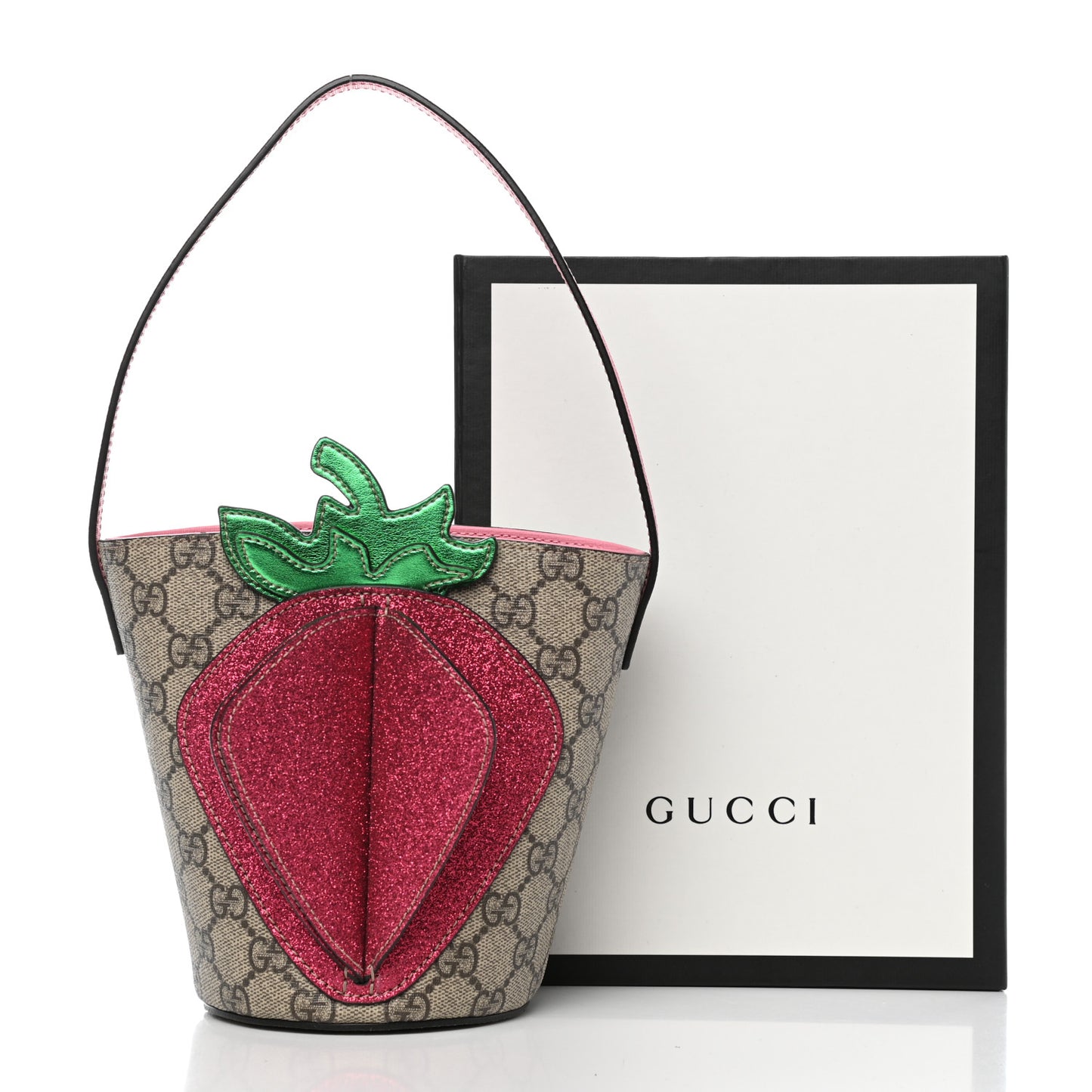 GG Supreme Monogram 3-D Strawberry Childrens Bucket Tote Beige Ebony Lotus Pink Fuxia Emerald
