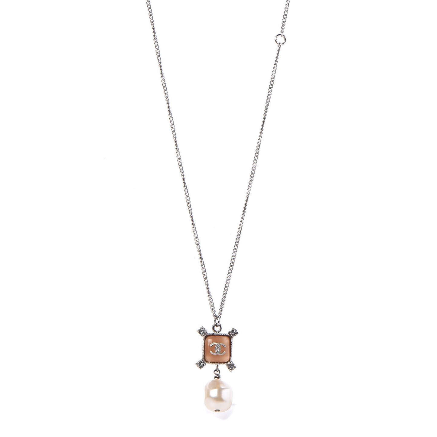 Enamel Pearl Crystal CC Pendant Necklace Silver