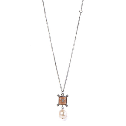 Chanel Enamel Pearl Crystal CC Pendant Necklace Silver 1 of 6