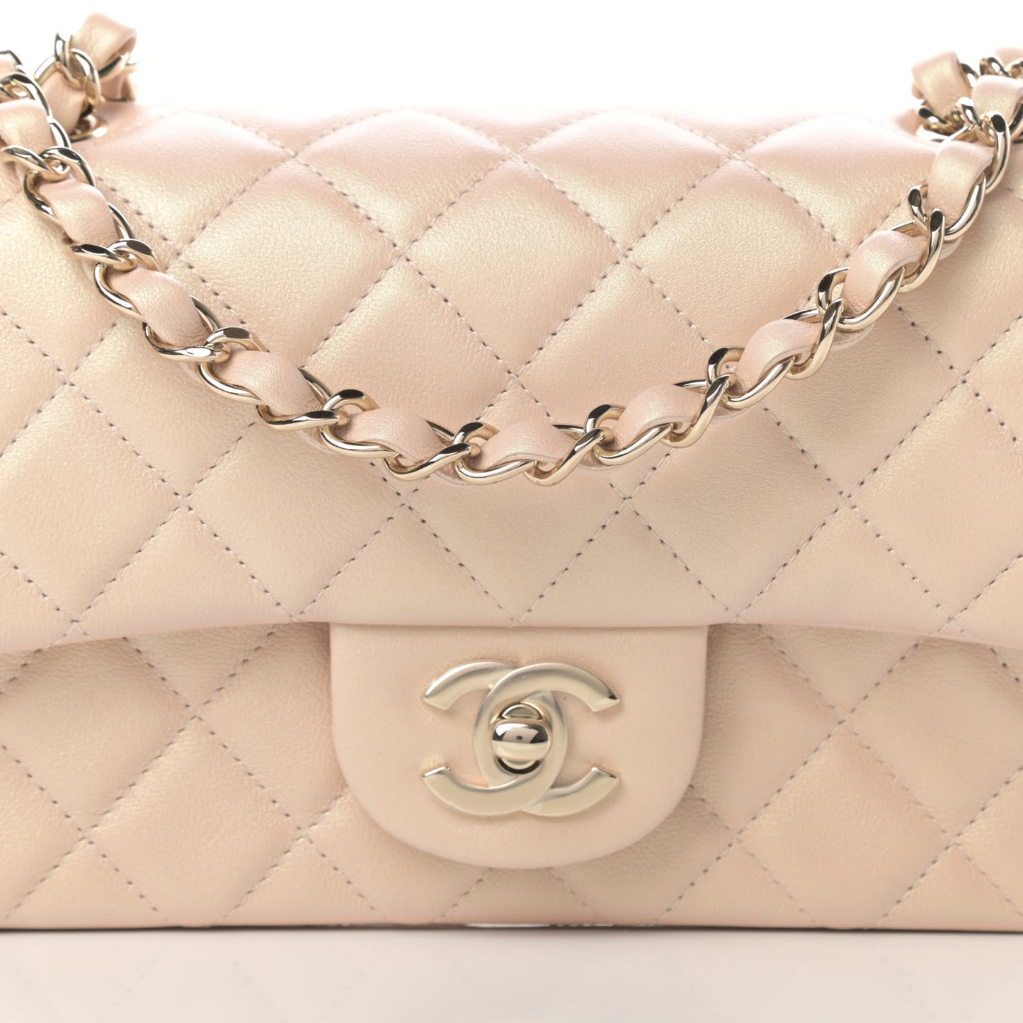 Iridescent Calfskin Quilted Mini Rectangular Flap Beige
