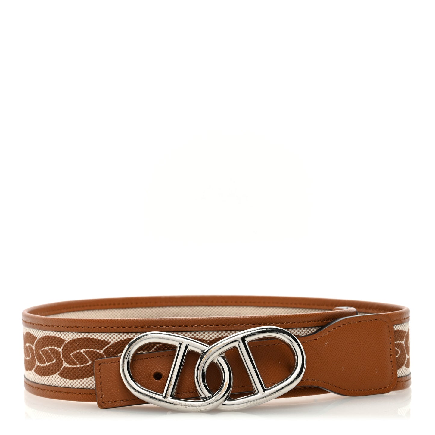 Madame Calfskin H Plume Canvas 24mm Chaine D'Ancre Reversible Belt Gold Ecru