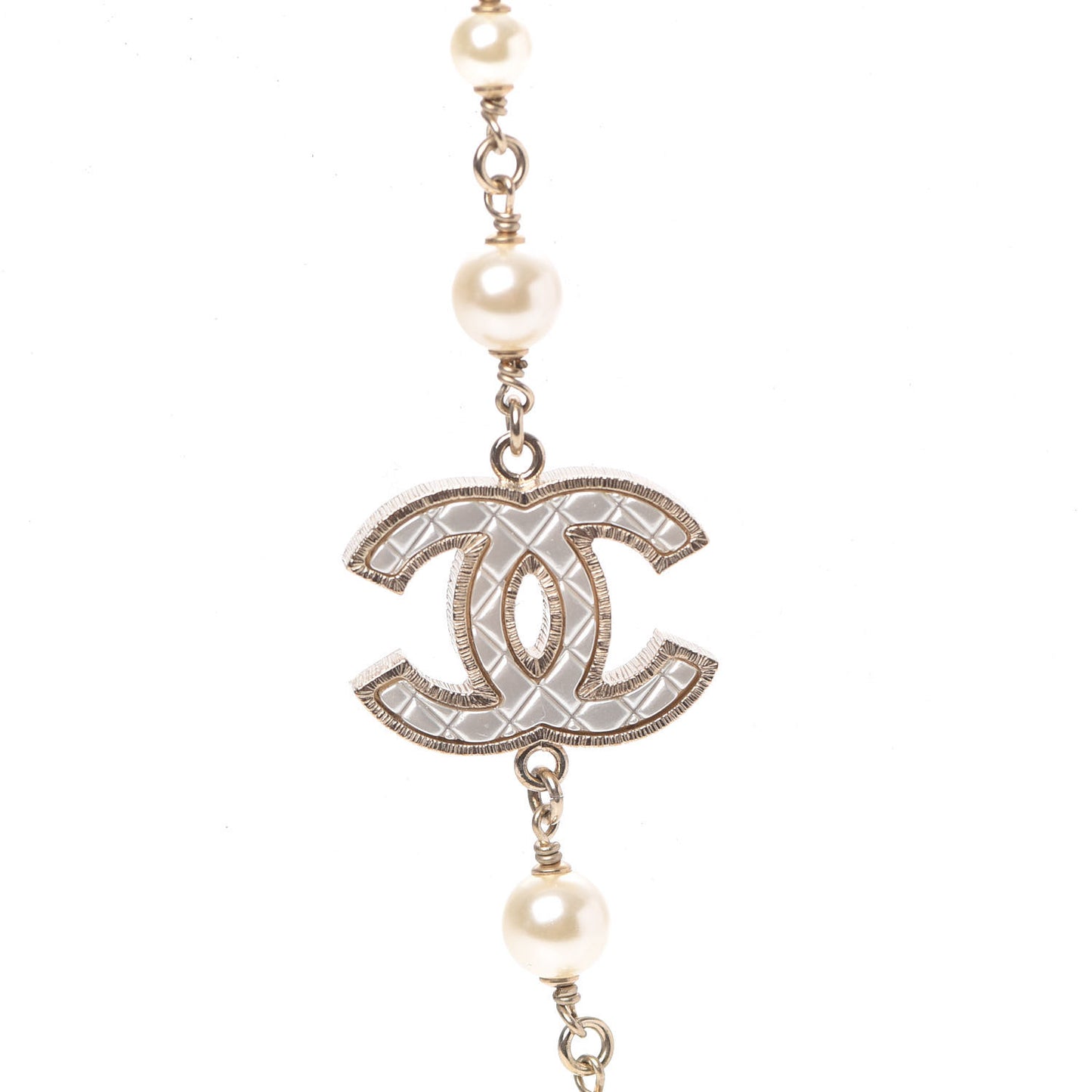 Metal Quilted Pearl CC Long Necklace Light Gold