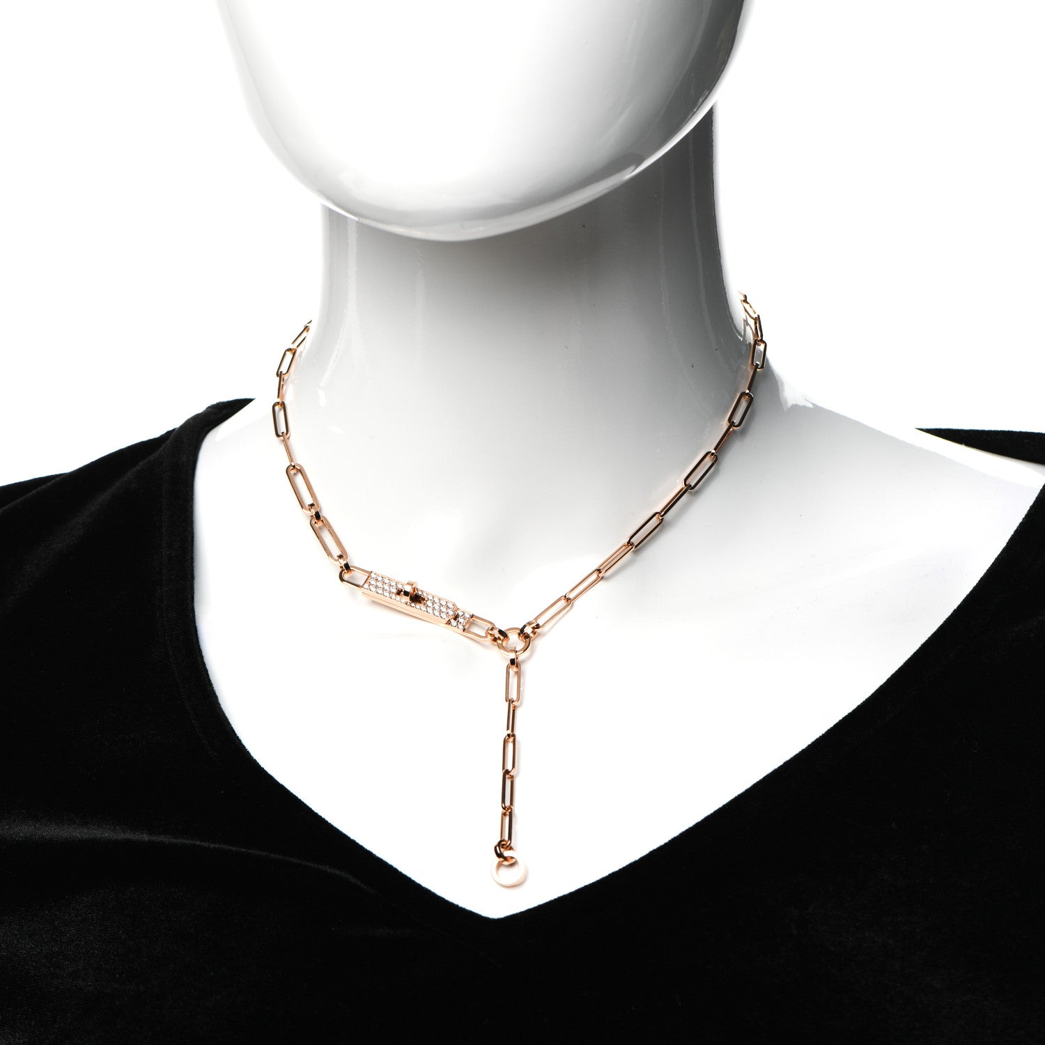 Hermes 18K Rose Gold Diamond Pave PM Kelly Chaine Lariat Necklace SH 2 of 5