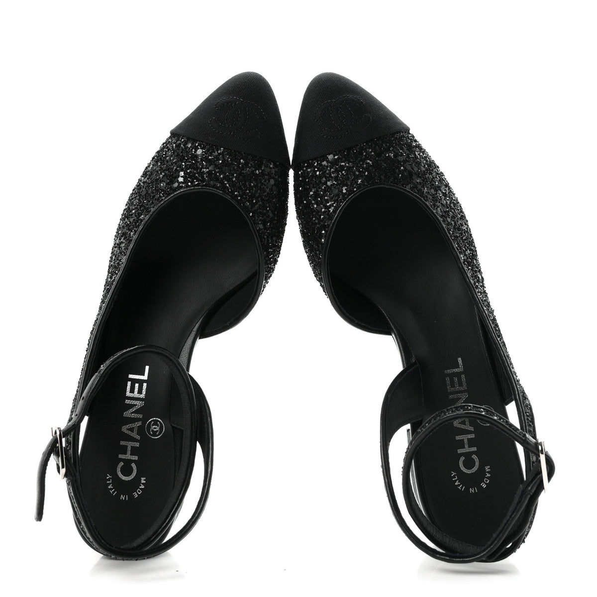 Chanel Glitter Grosgrain Cap Toe CC Ankle Wrap Pumps 37 Black 2 of 9