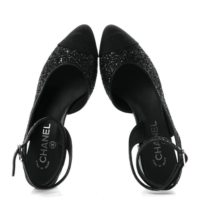 Chanel Glitter Grosgrain Cap Toe CC Ankle Wrap Pumps 37 Black 2 of 9