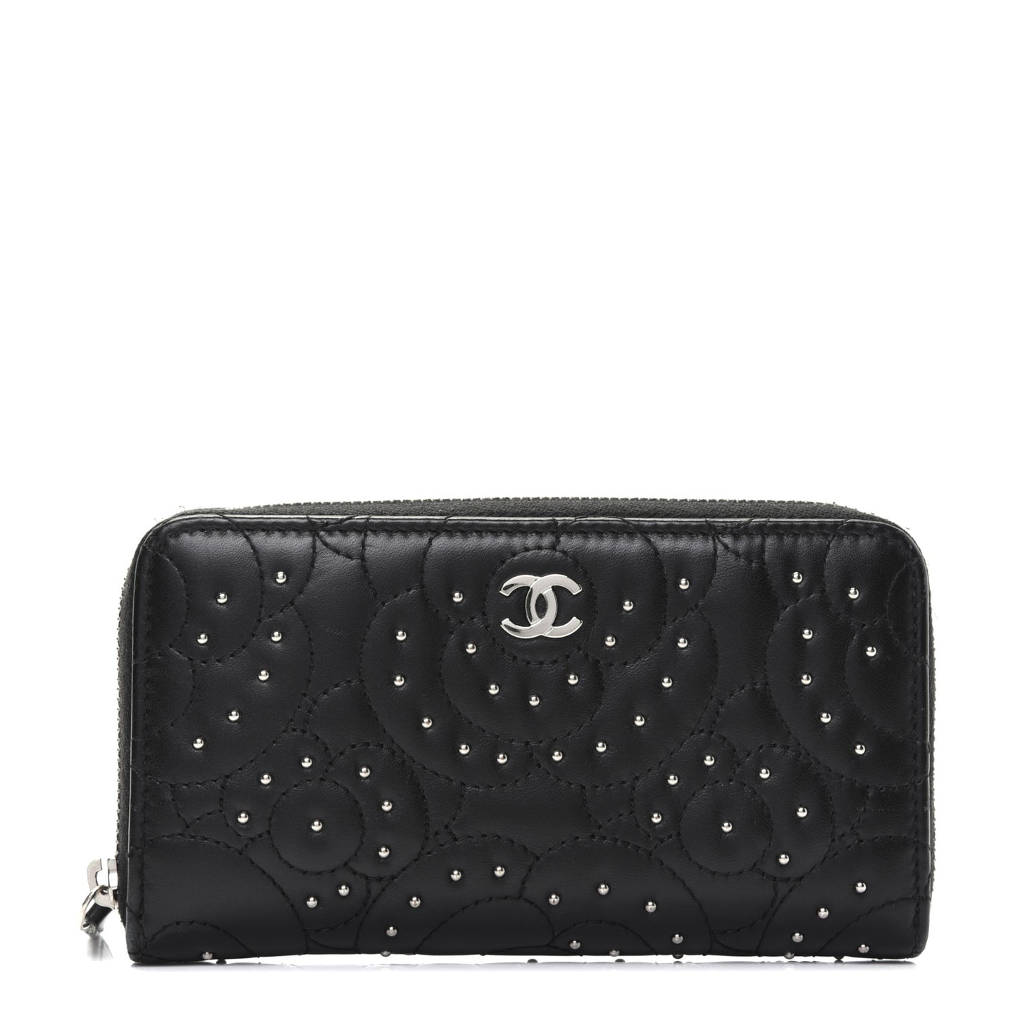 Lambskin Camellia Studded Large Gusset Zip Around Wallet Black