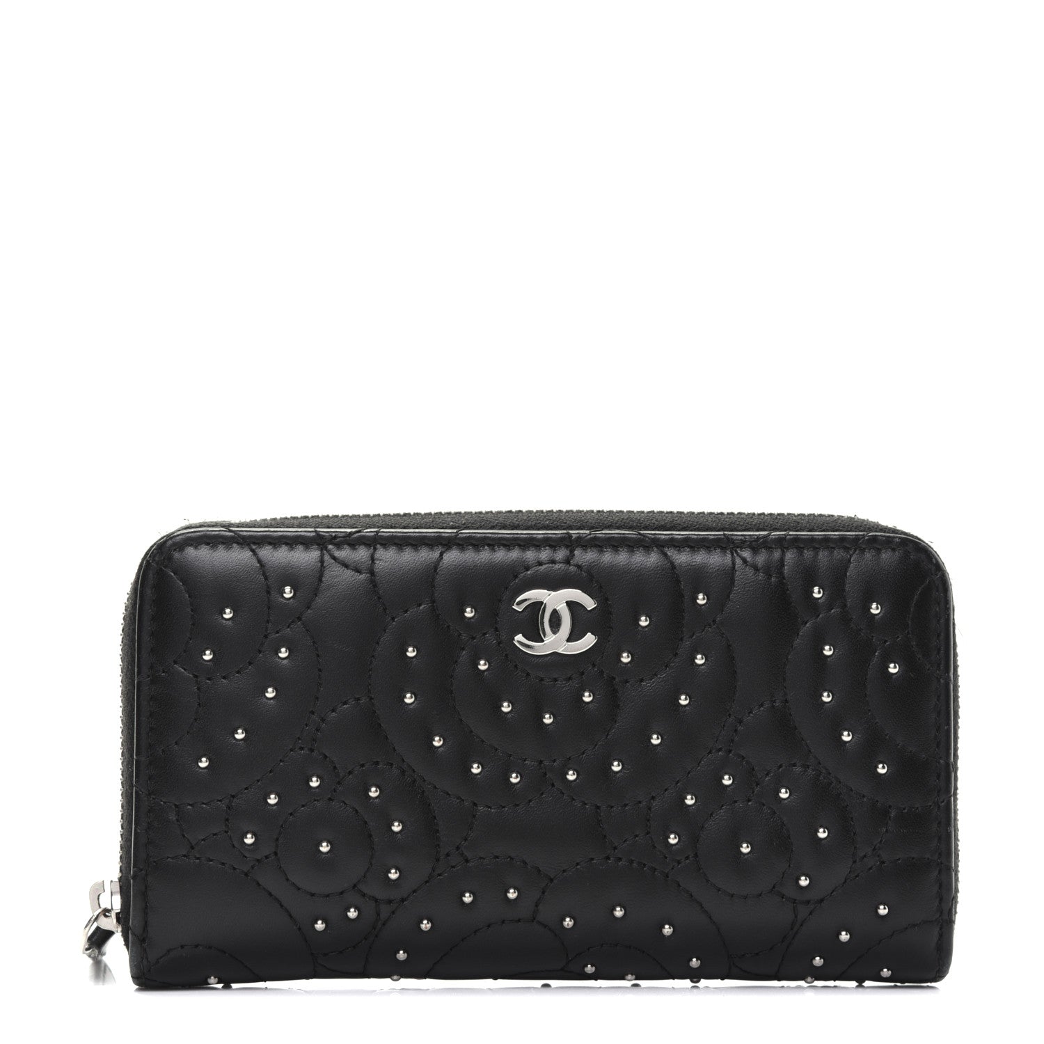 Chanel Lambskin Camellia Studded Large Gusset Zip Around Wallet Black 1 of 15