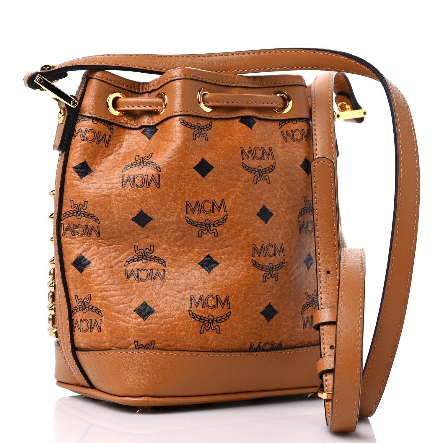 MCM Visetos Swarovski Crystal Studded Mini Drawstring Bucket Bag Cognac 3 of 11