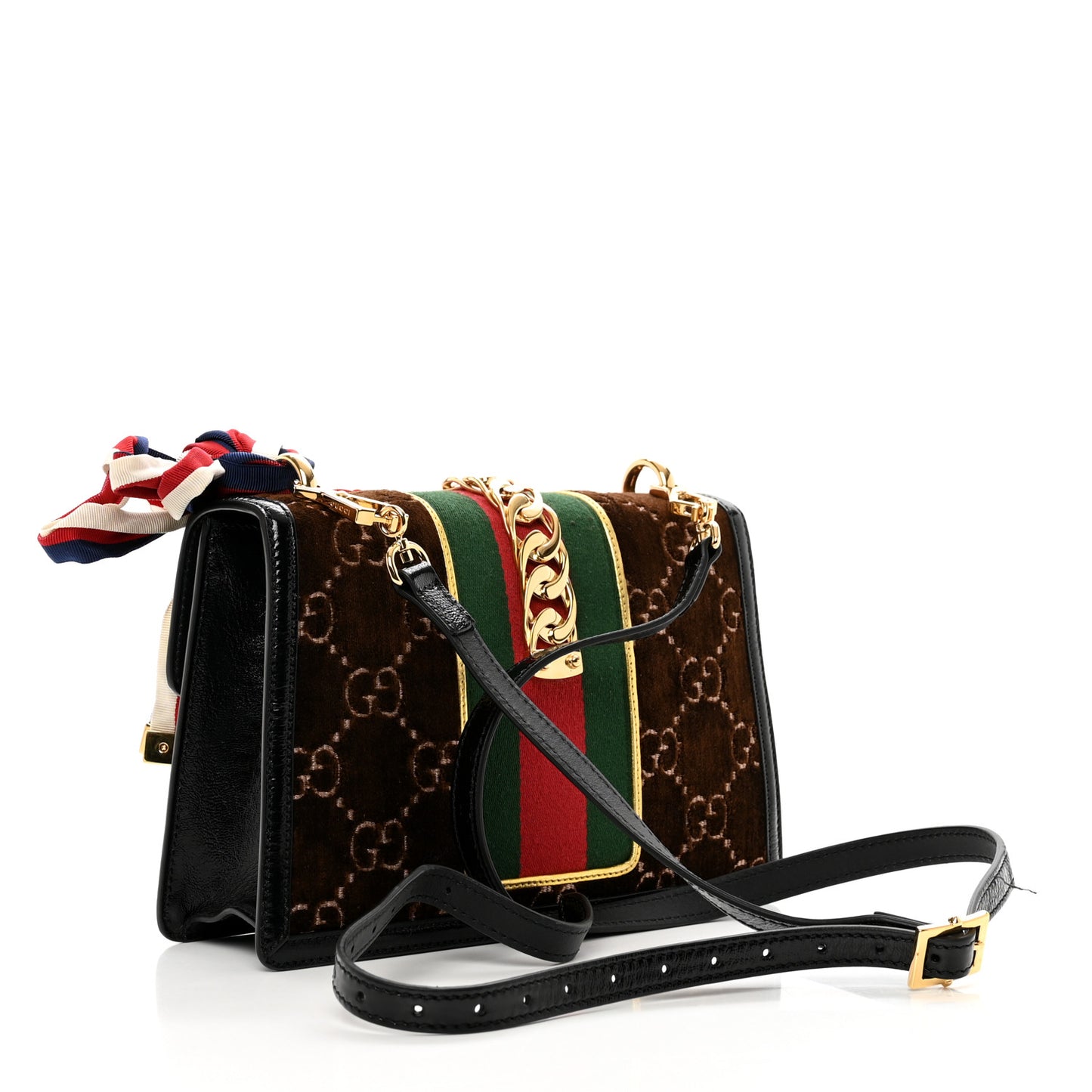 Velvet GG Monogram Web Small Sylvie Shoulder Bag Brown Black Oro Vecchio
