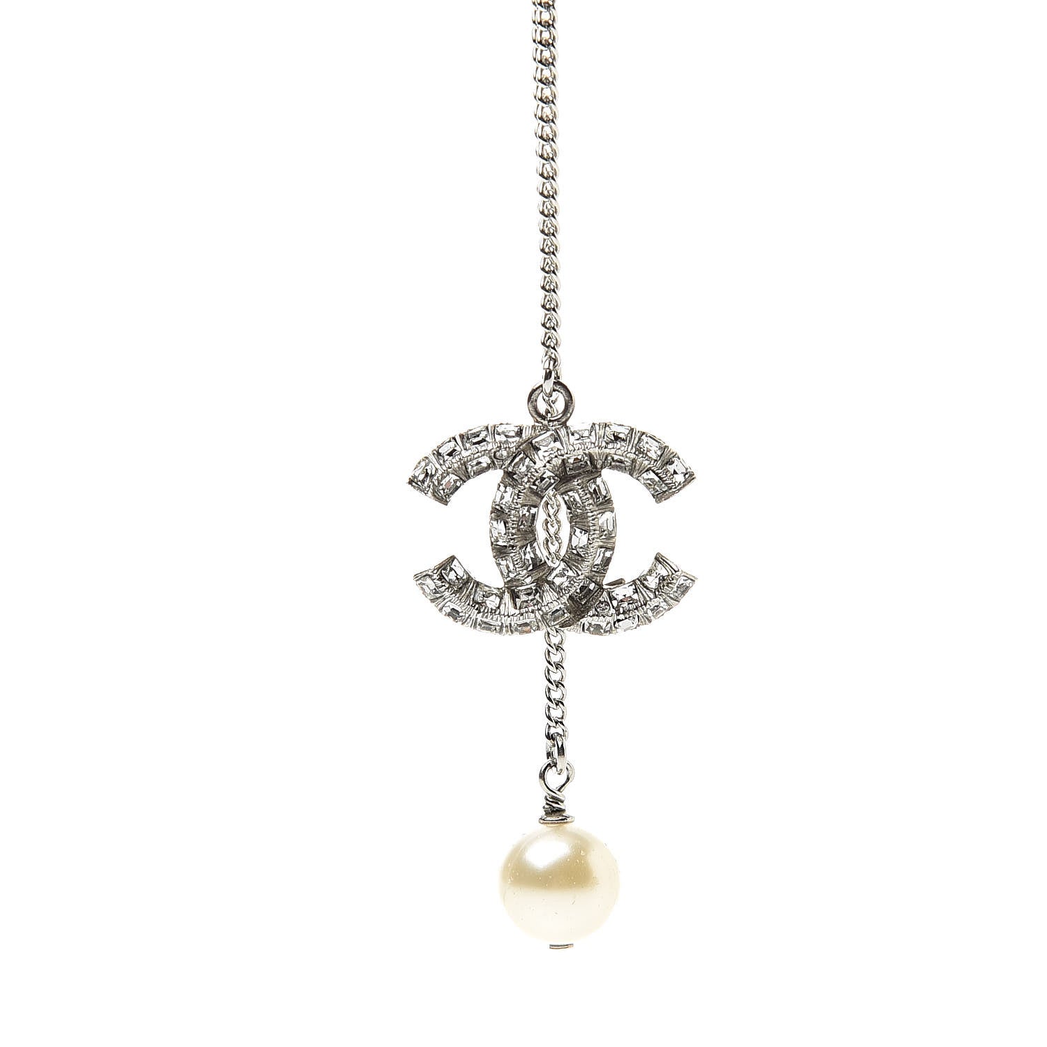 Chanel Baguette Crystal Pearl CC Lariat Necklace Silver 5 of 6
