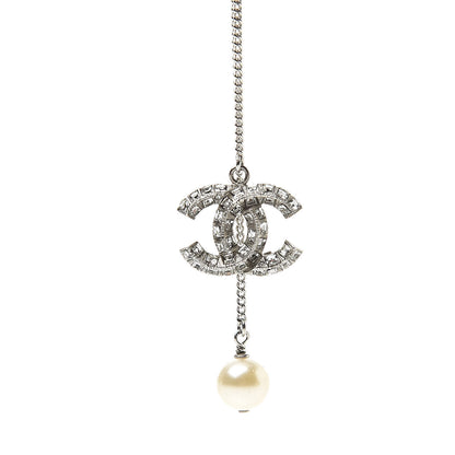 Chanel Baguette Crystal Pearl CC Lariat Necklace Silver 5 of 6