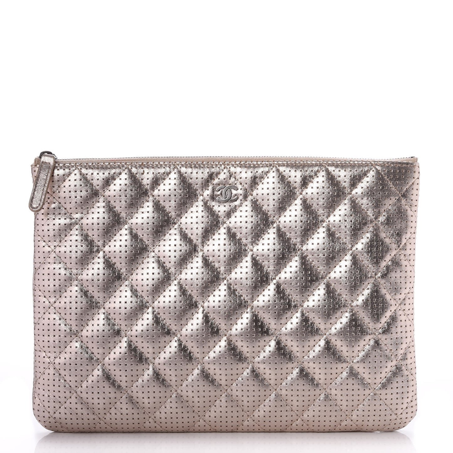 Metallic Perforated Lambskin Quilted Medium Cosmetic Case Light Gold