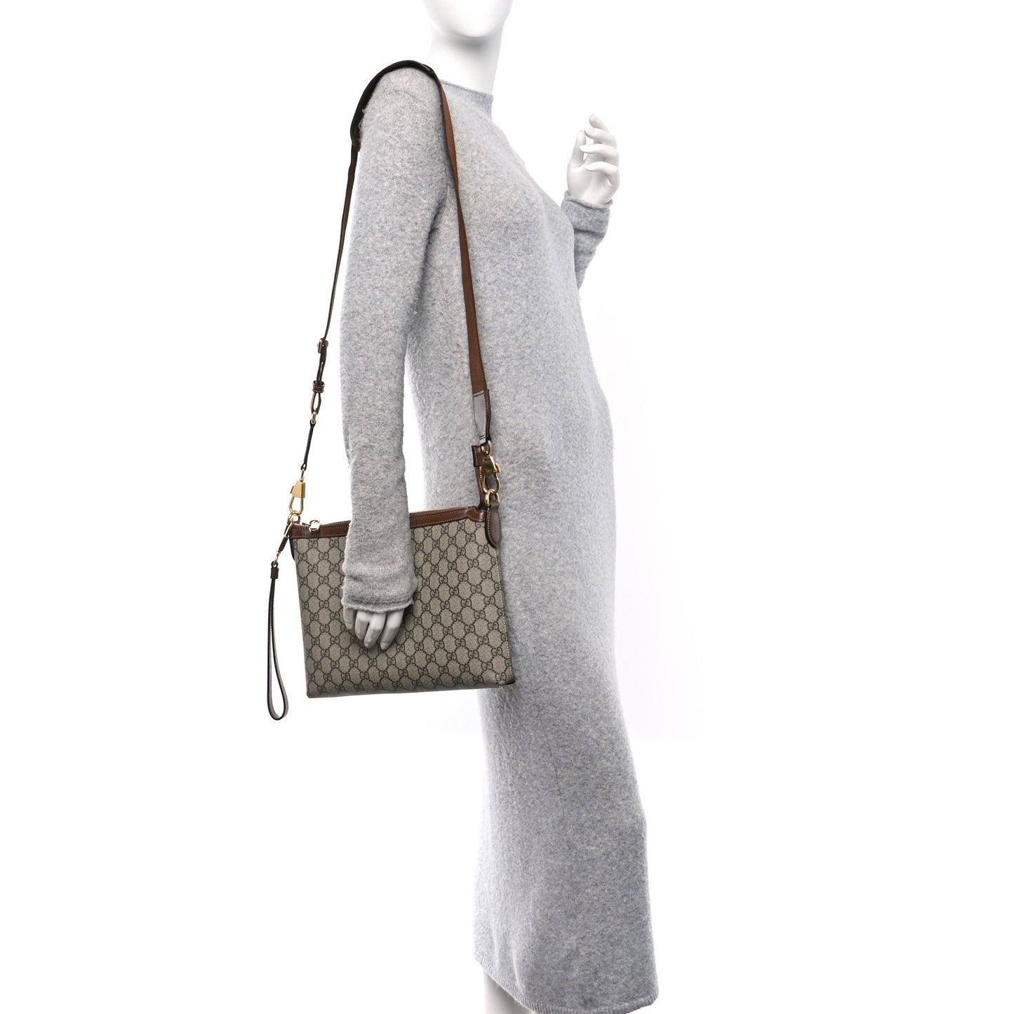 GG Supreme Monogram Azalea Calfskin Retro Interlocking G Wristlet Messenger Bag Beige Ebony Brown Sugar