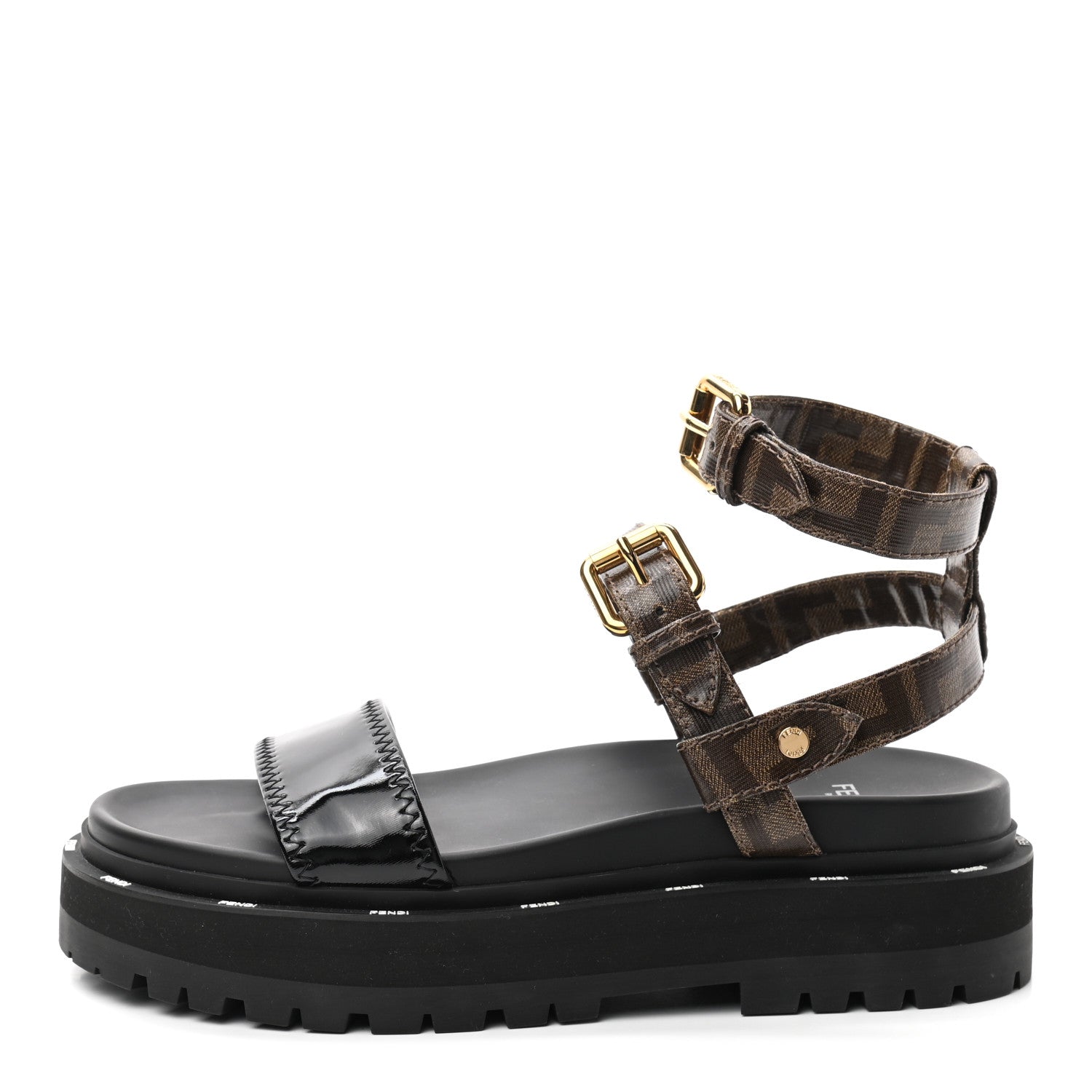 Fendi Vernice High-Tech Glazed Fabric FF Lug Sole Platform Sandals 39 Black Tobacco Moro 2 of 15