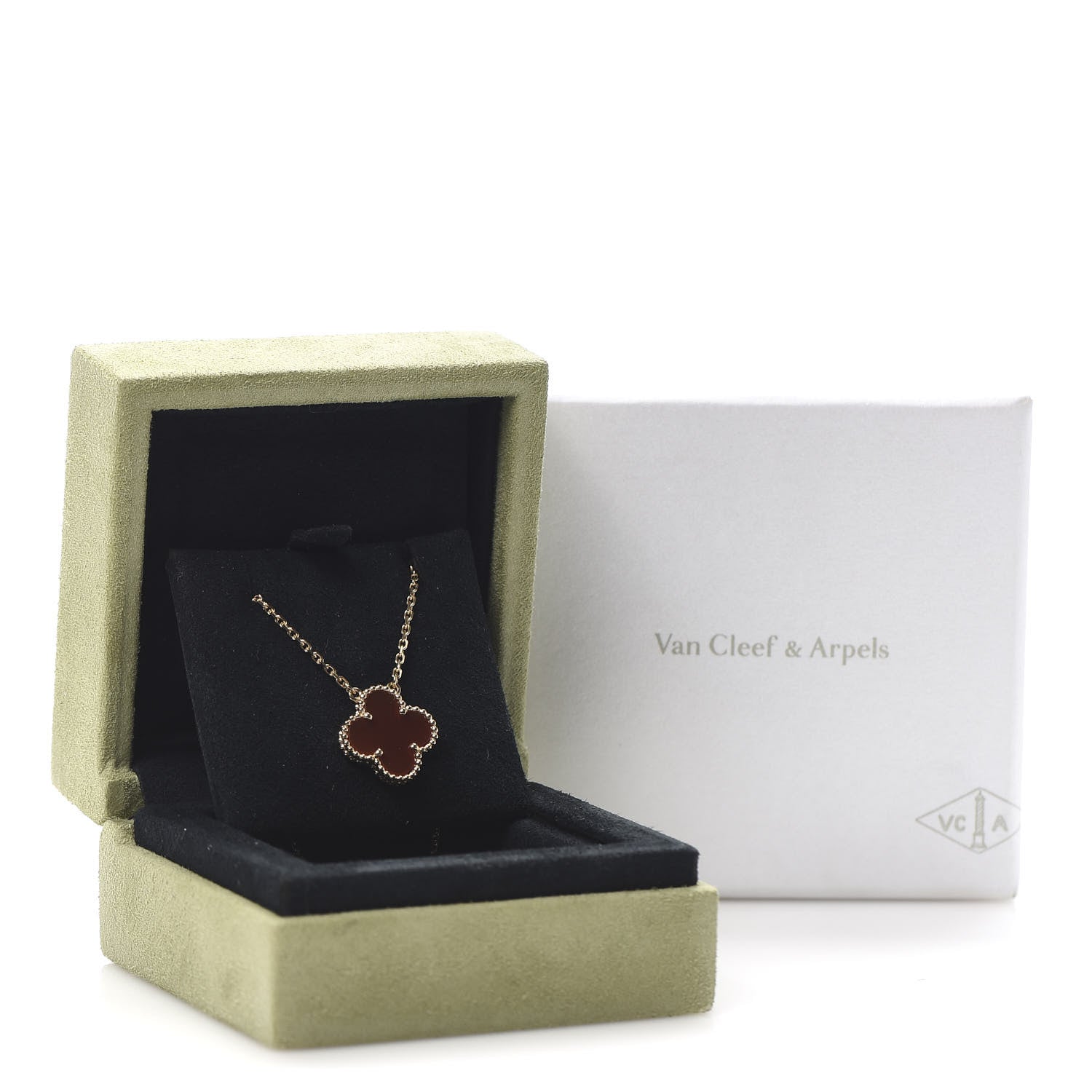 Van Cleef & Arpels 18K Yellow Gold Carnelian Vintage Alhambra Pendant Necklace 8 of 8
