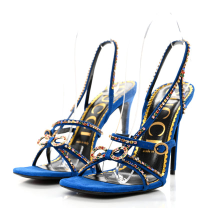Gucci Kid Scamosciato Crystal Embellished Carmen High Heel Sandals 39 Bright Blue 3 of 10