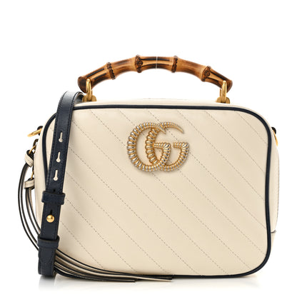 Gucci Vintage Effect Calfskin Matelasse Diagonal Small Torchon GG Marmont Bamboo Top Handle Shoulder Bag Mystic White Blue Agata 1 of 10