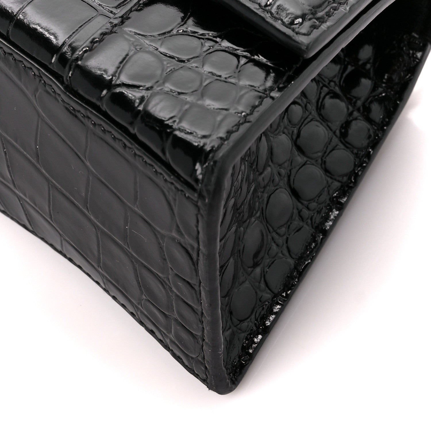 Balenciaga Shiny Calfskin Crocodile Embossed Hourglass Top Handle Bag XS Black 12 of 13