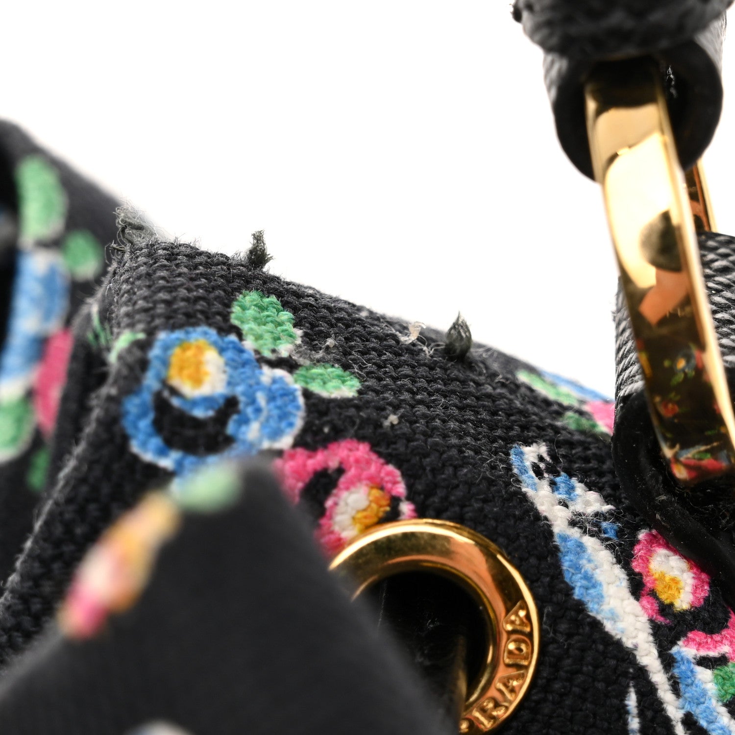 Prada Wicker Canvas Floral Print Bucket Bag Black Multicolor 12 of 12