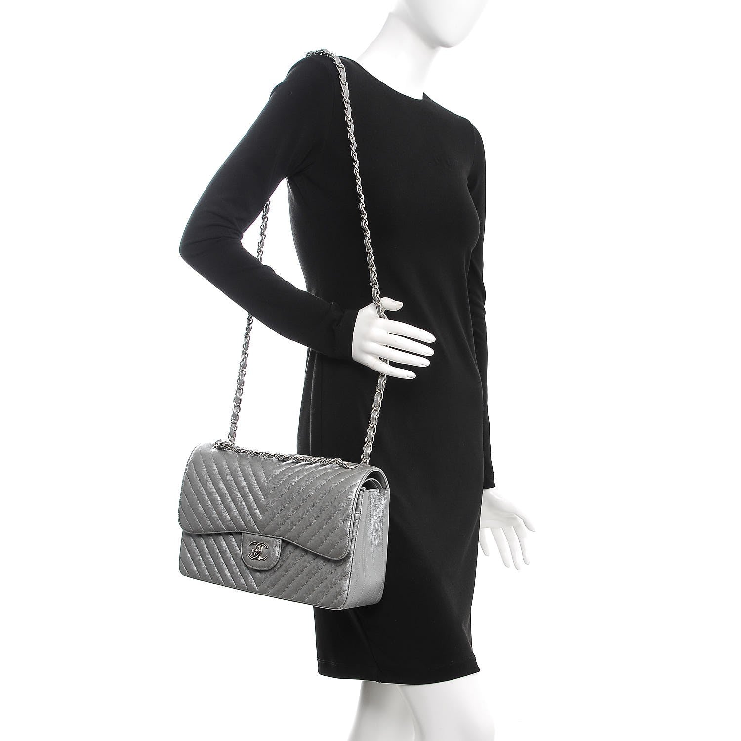 Chanel Caviar Chevron Quilted Jumbo Double Silver 2 of 11