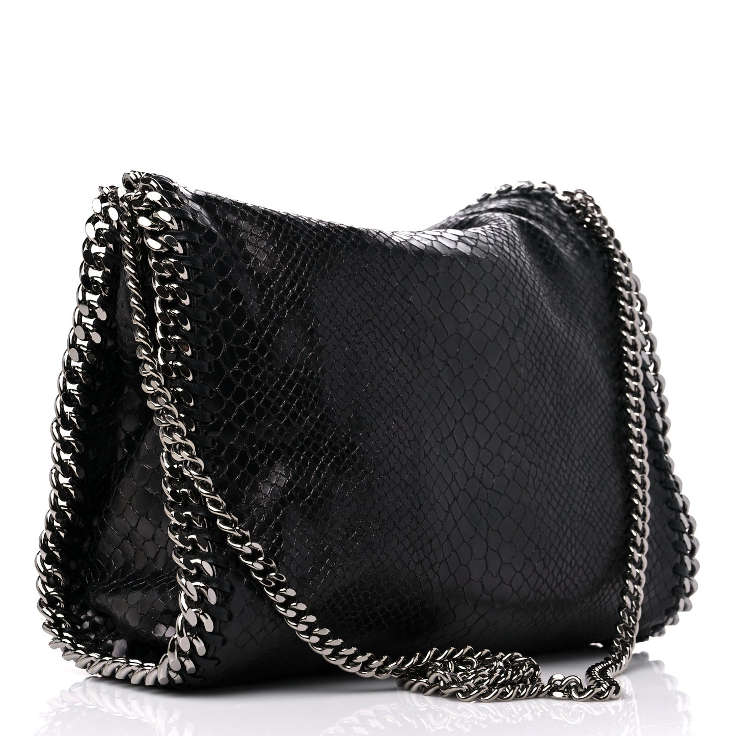 Metallic Faux Snakeskin Small Falabella Fold Over Tote Black