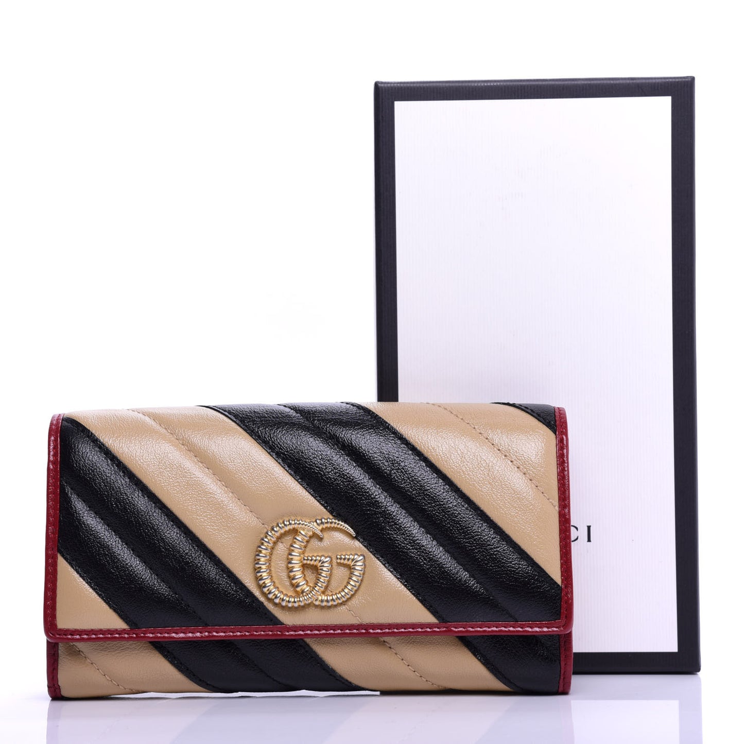 Azalea Calfskin Matelasse Diagonal Patchwork Torchon GG Marmont Continental Wallet Black Beige Romantic Cerise