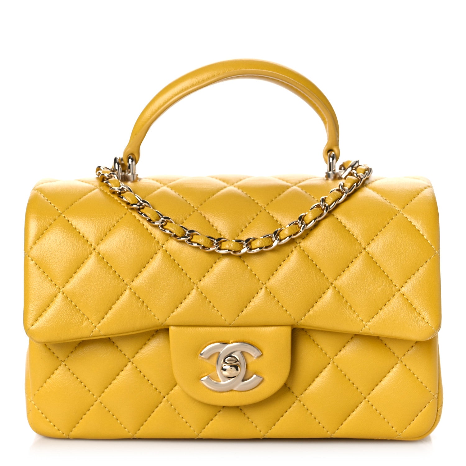 Chanel Lambskin Quilted Mini Top Handle Rectangular Flap Yellow
