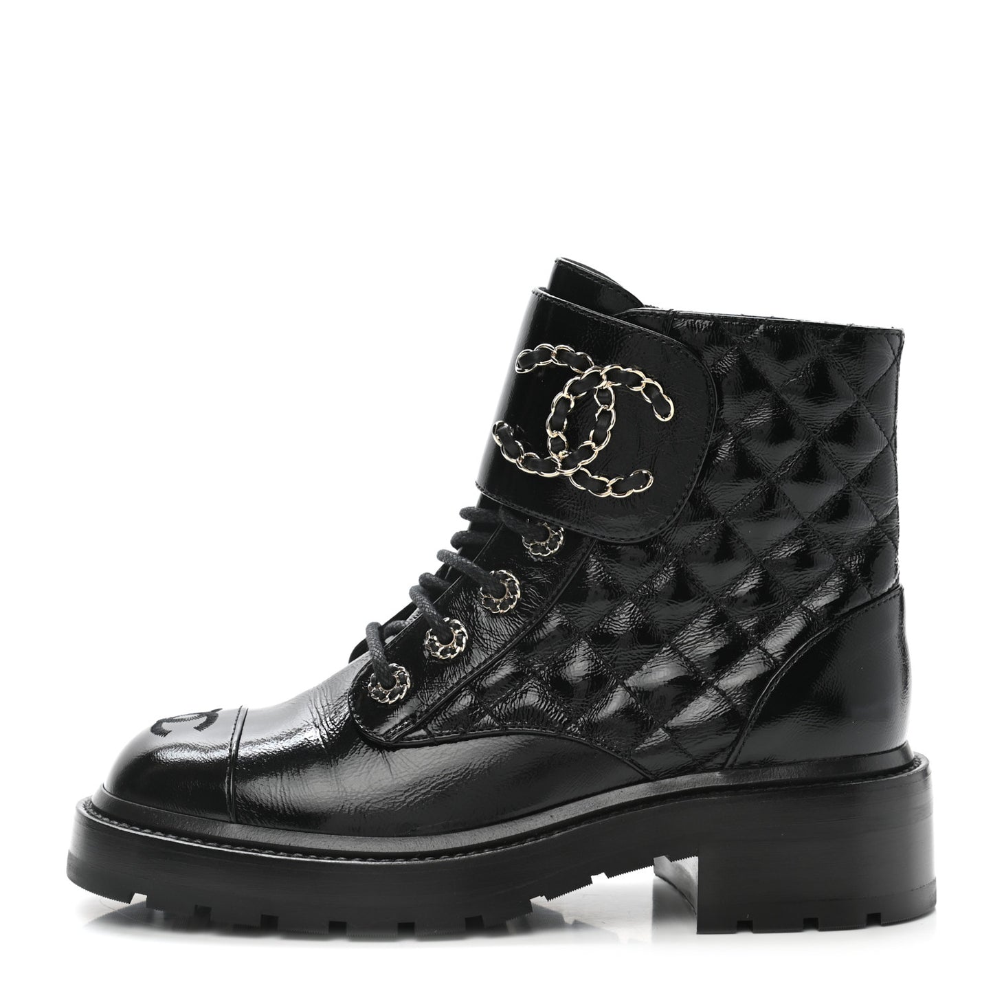 Shiny Calfskin Quilted Lace Up Combat Boots 36.5 Black