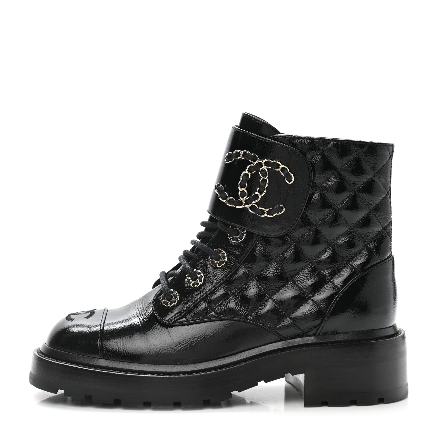Chanel Shiny Calfskin Quilted Lace Up Combat Boots 36.5 Black 1 of 9
