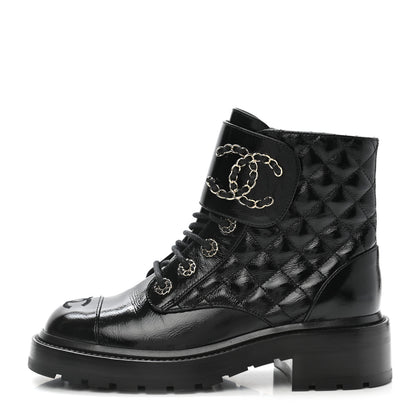 Chanel Shiny Calfskin Quilted Lace Up Combat Boots 36.5 Black 1 of 9