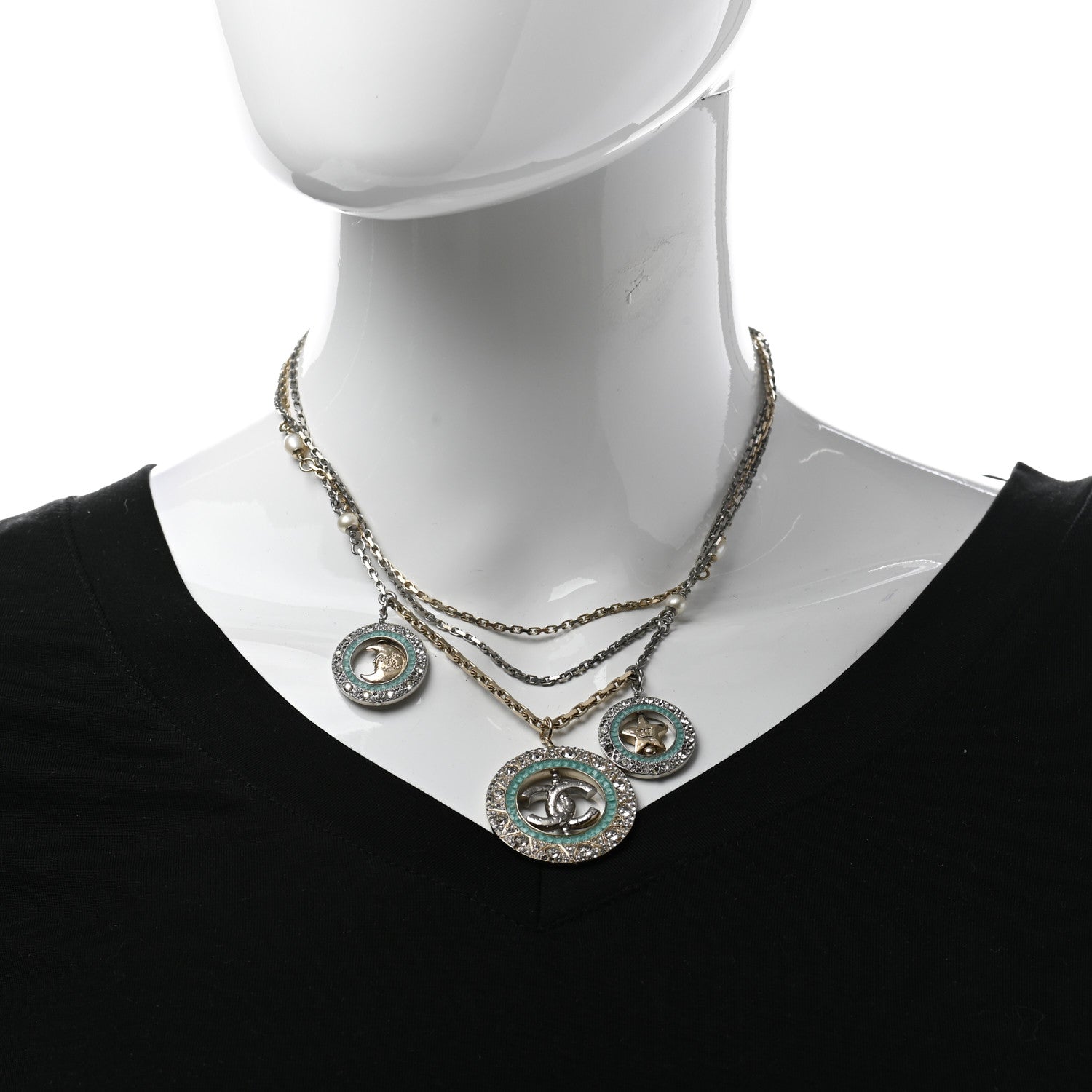 Chanel Ruthenium Crystal Pearl CC Star Moon Circle Necklace Silver Gold Turquoise 2 of 6