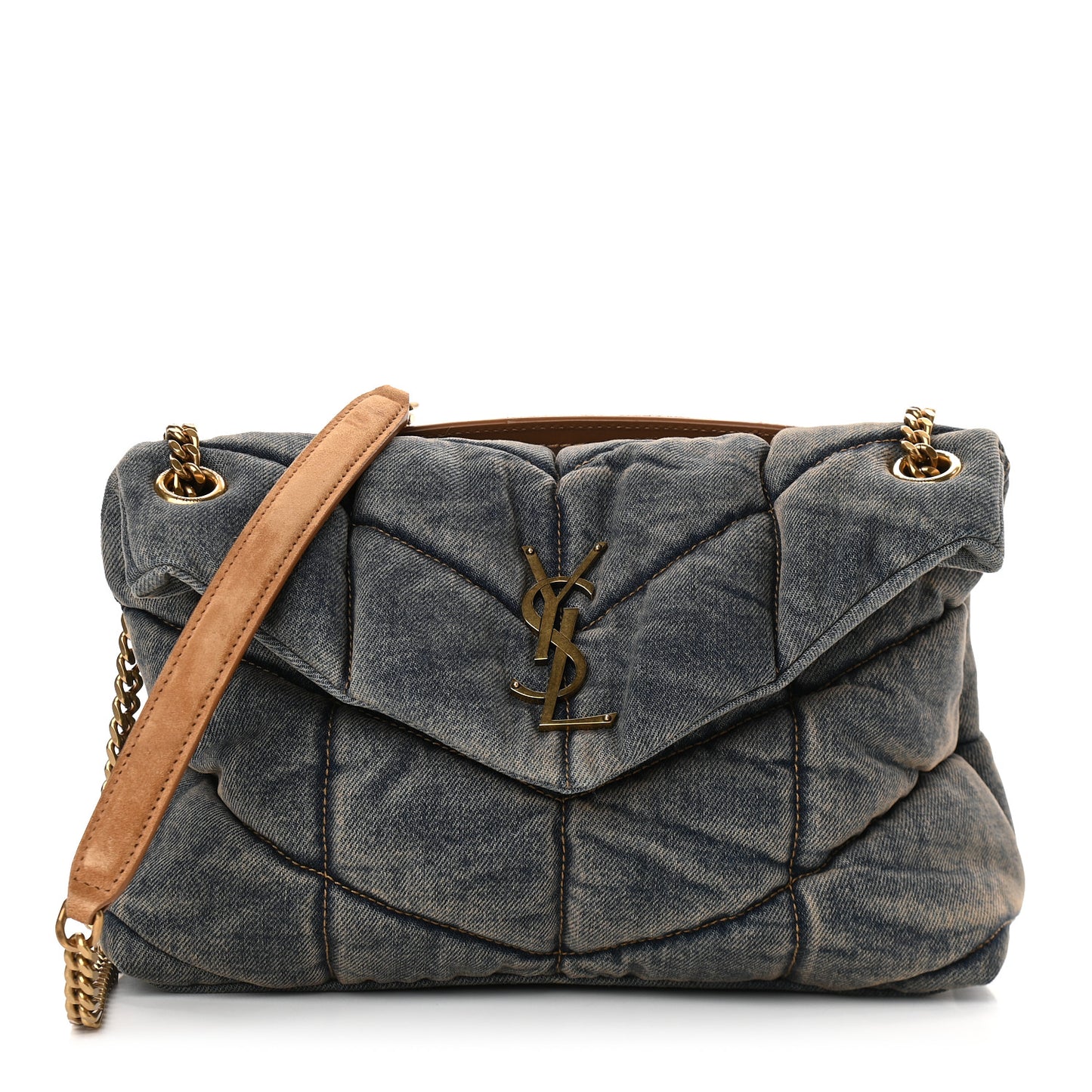Denim Quilted Small Loulou Puffer Monogram Chain Satchel Blue Cinnamon