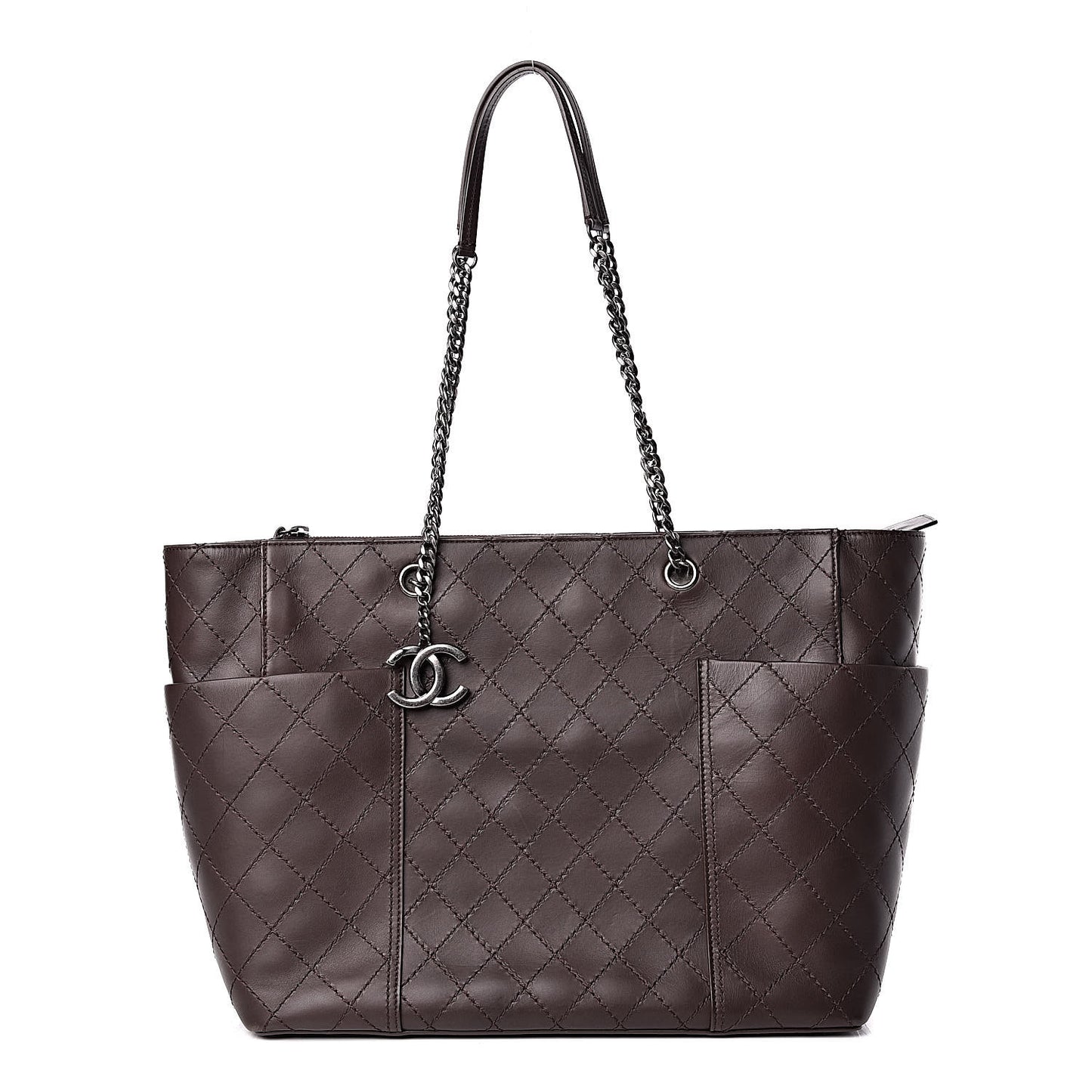 Calfskin Stitched CC Pocket Shopping Tote Dark Brown
