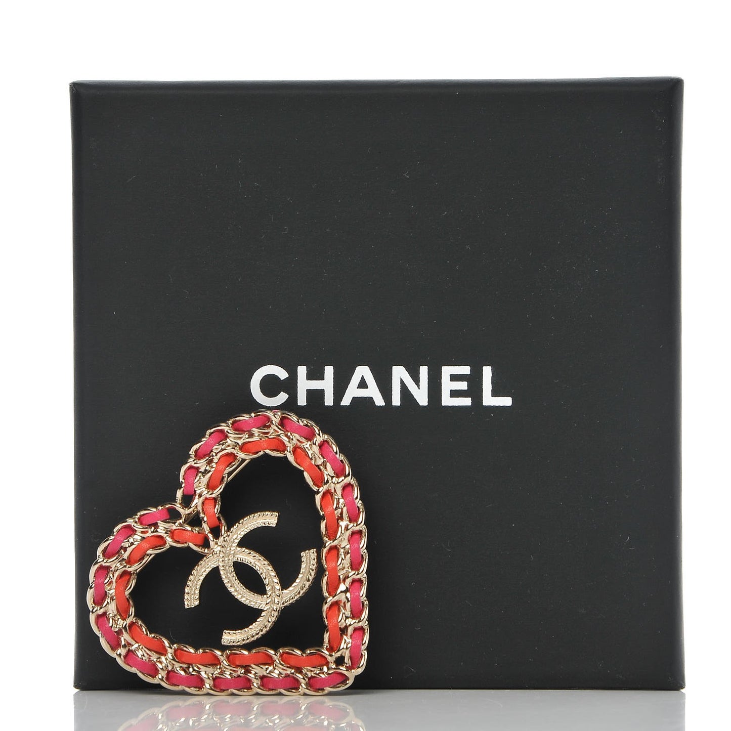 Metal Calfskin Braided Heart CC Brooch Pink Red Gold