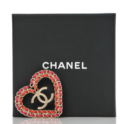 Chanel Metal Calfskin Braided Heart CC Brooch Pink Red Gold 5 of 5