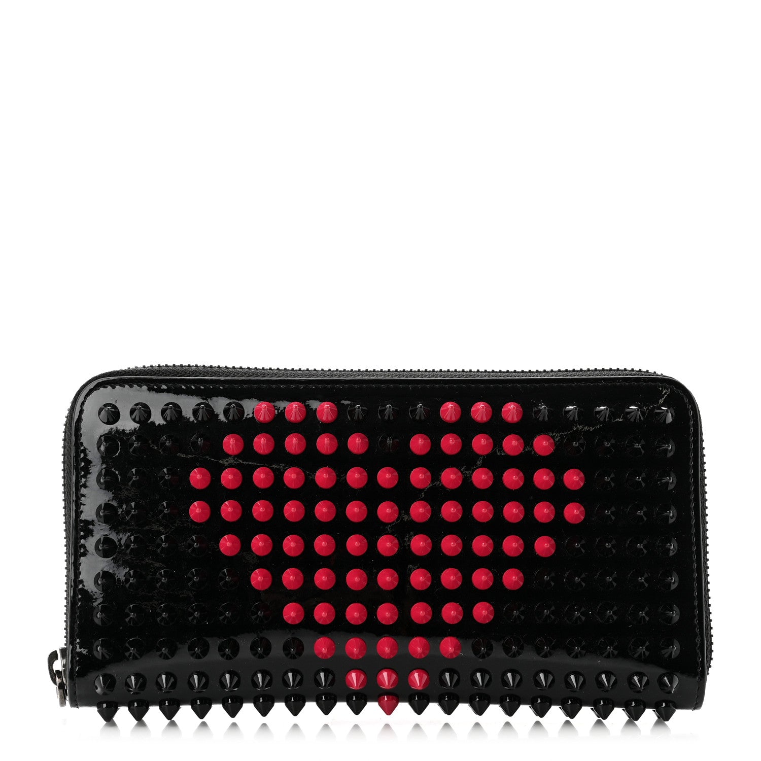 Christian Louboutin Patent Panettone Spiked Valentines Zip Around Wallet Black Fuchsia 1 of 7