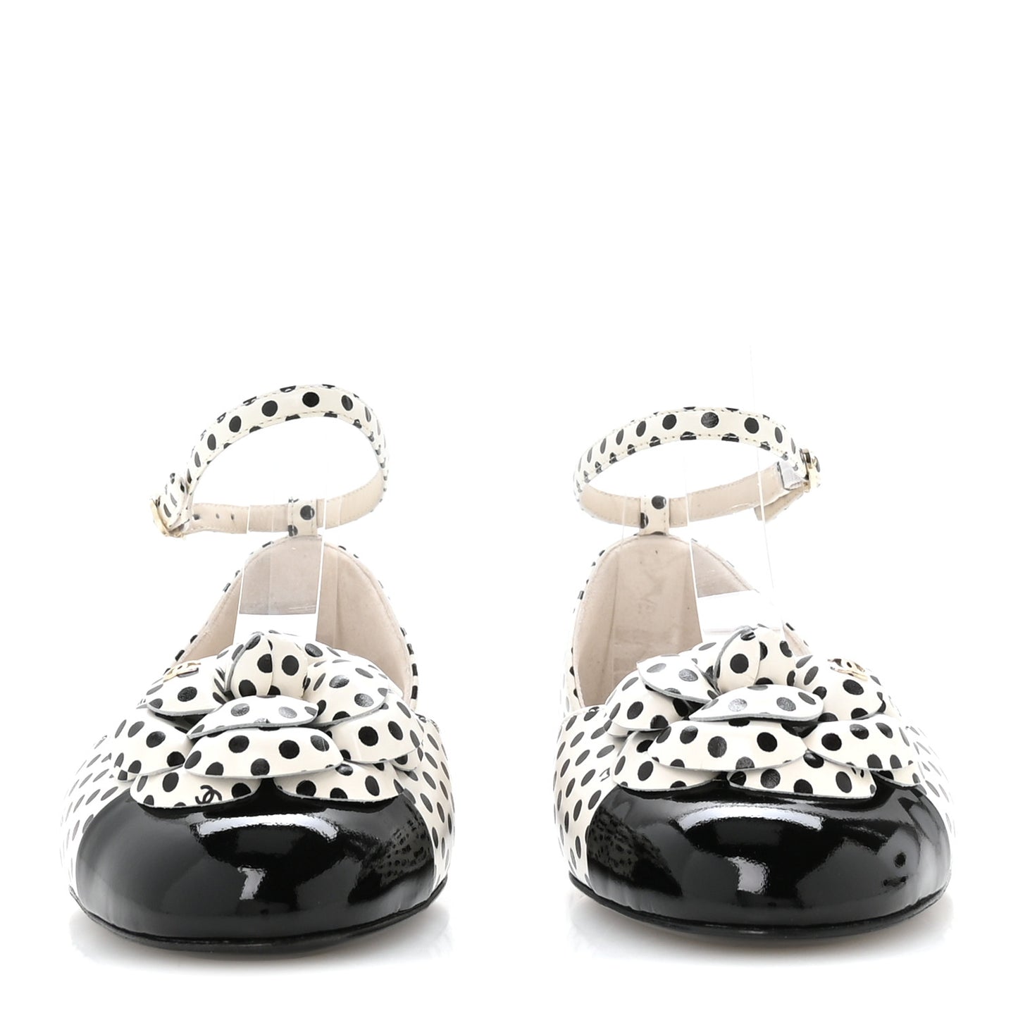 Calfskin Printed Patent Cap Toe Polka Dot Camellia Mary Jane Flats 36 White Black