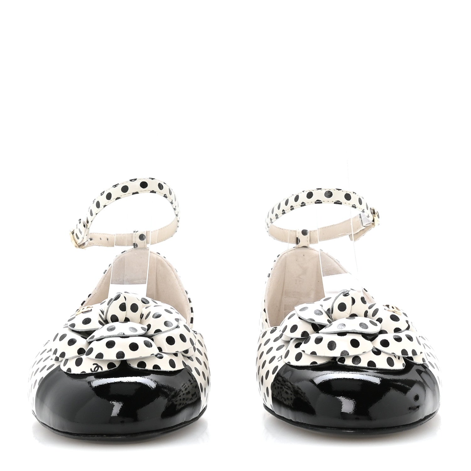 Chanel Calfskin Printed Patent Cap Toe Polka Dot Camellia Mary Jane Flats 36 White Black 3 of 8