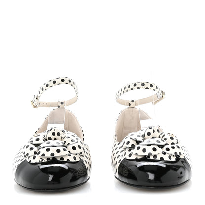 Chanel Calfskin Printed Patent Cap Toe Polka Dot Camellia Mary Jane Flats 36 White Black 3 of 8