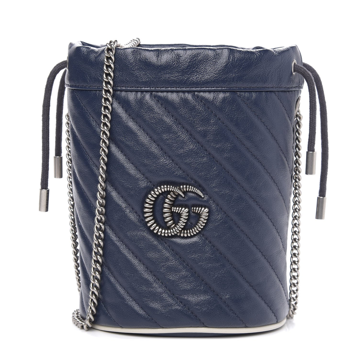 Gucci Vintage Effect Calfskin Matelasse Diagonal Mini Torchon GG Marmont 2.0 Bucket Bag Blue Agata Mystic White 1 of 9