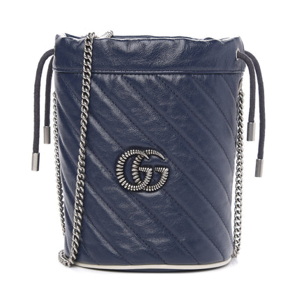 Gucci Vintage Effect Calfskin Matelasse Diagonal Mini Torchon GG Marmont 2.0 Bucket Bag Blue Agata Mystic White 1 of 9
