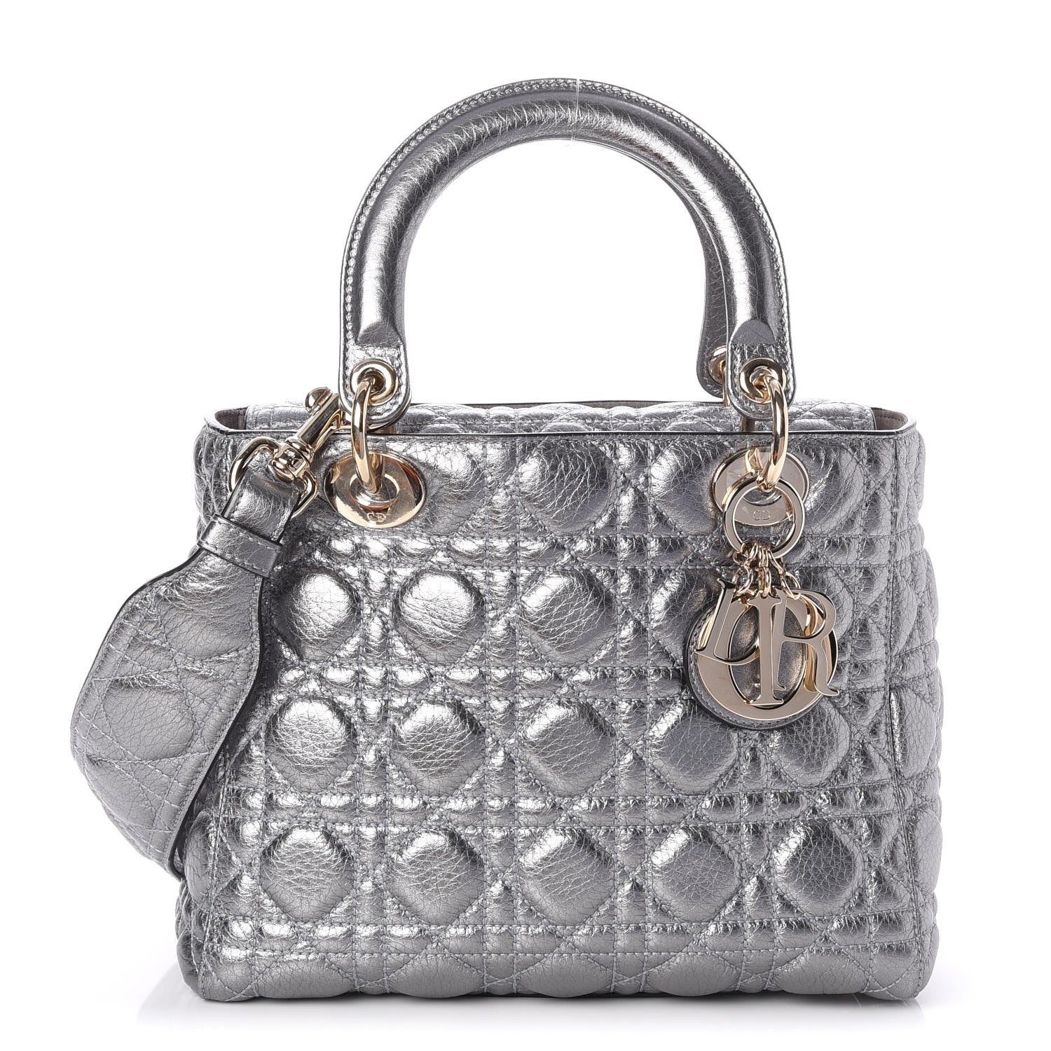 Christian Dior Metallic Grained Calfskin Cannage Medium Supple Lady Dior Silver 1 of 8