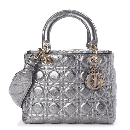 Christian Dior Metallic Grained Calfskin Cannage Medium Supple Lady Dior Silver 1 of 8