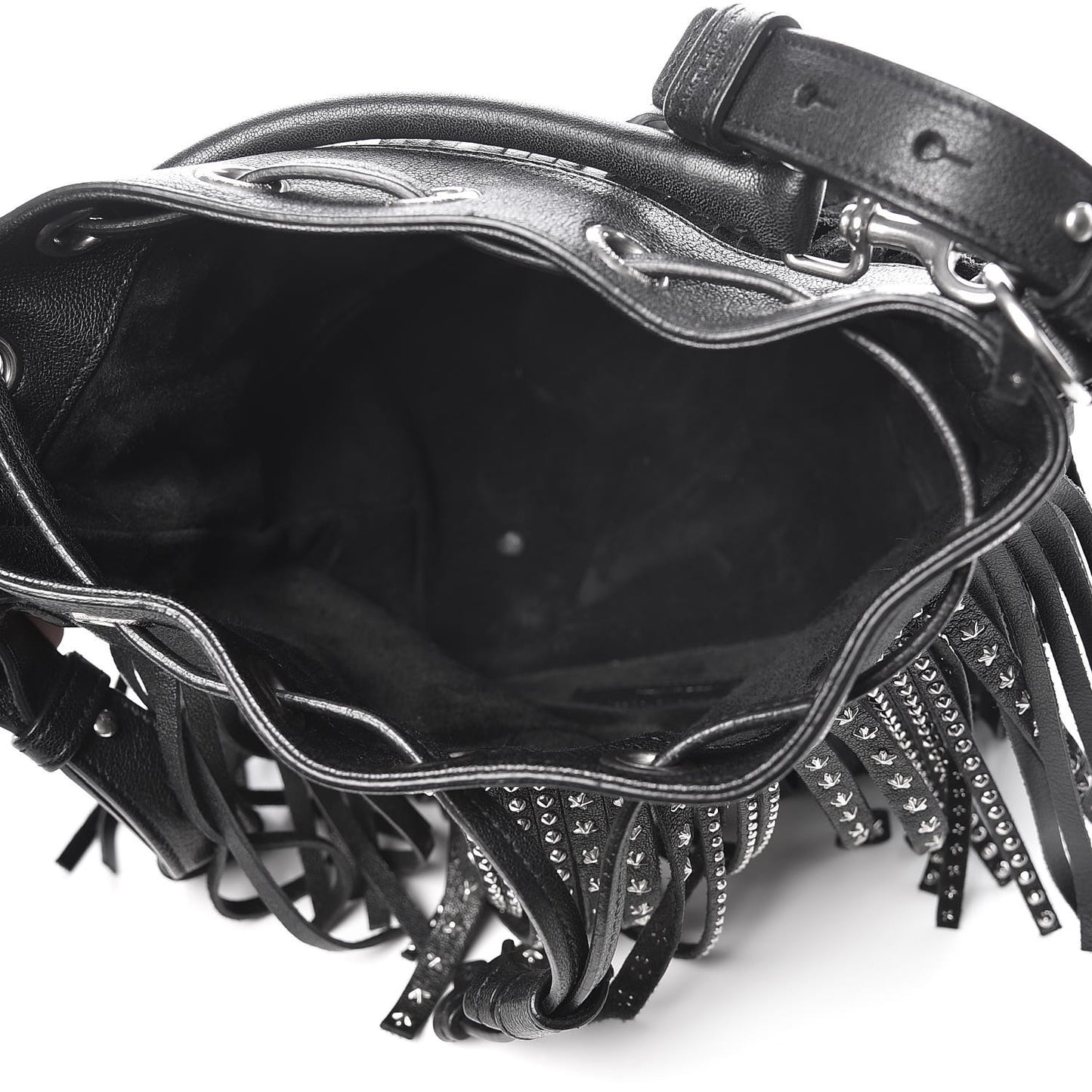 Calfskin Studded Small Emmanuelle Fringe Bucket Bag Black