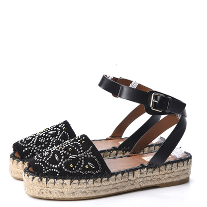 Valentino Garavani Suede Studded Peep Toe Ankle Wrap Flatform Espadrilles 40 Black 3 of 10