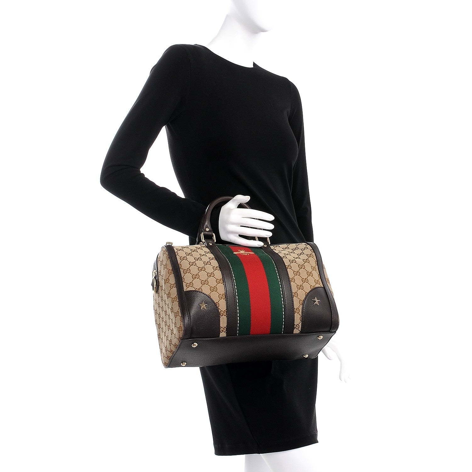Gucci Monogram Vintage Web Medium Webby Bee Boston Dark Brown 3 of 9