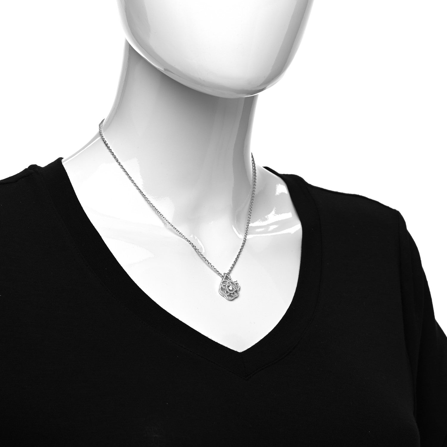 Chanel 18K White Gold Diamond Camelia Pendant Necklace 2 of 5